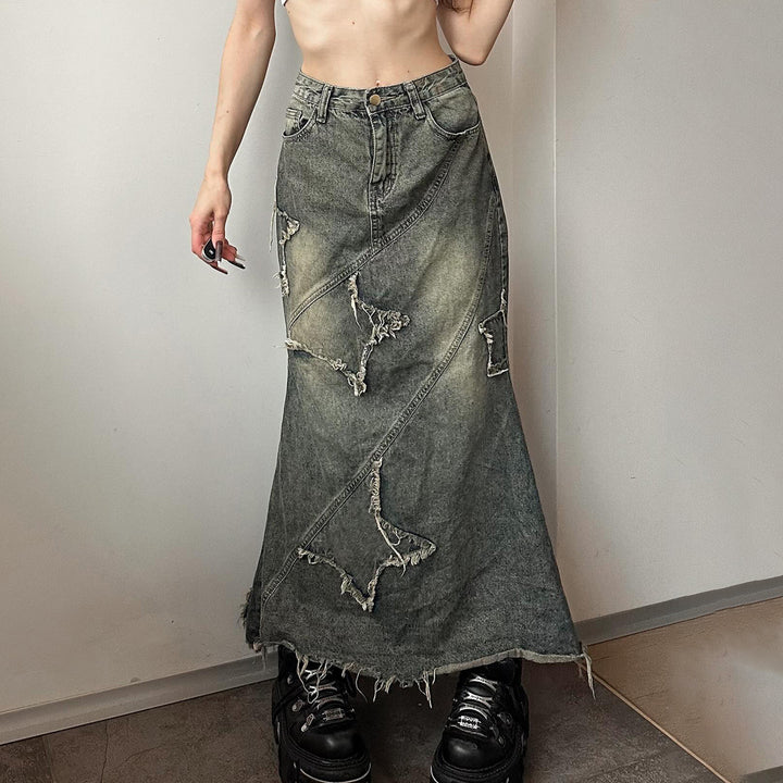 Damen nan vintage Denim-Maxirock mit ausgefransten Patches und diagonalen Ziernähten Drune