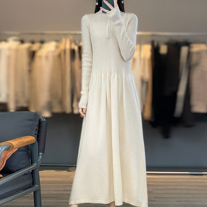 Damen lässiges Strickkleid mit hohem Kragen und Zip-Taschen Drune