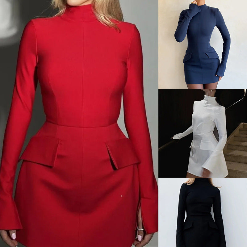 Damen Elegantes Kleid mit hohem Kragen und Taschen Drune
