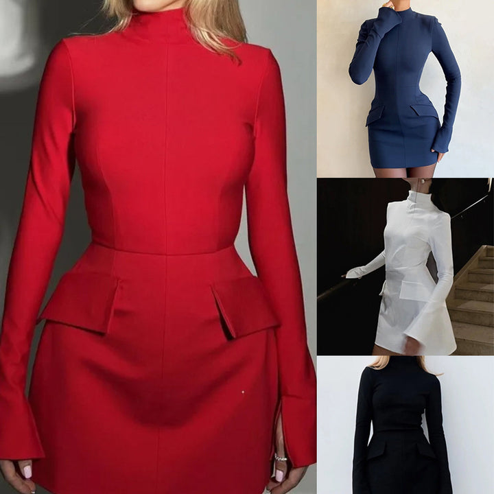 Damen Elegantes Kleid mit hohem Kragen und Taschen Drune