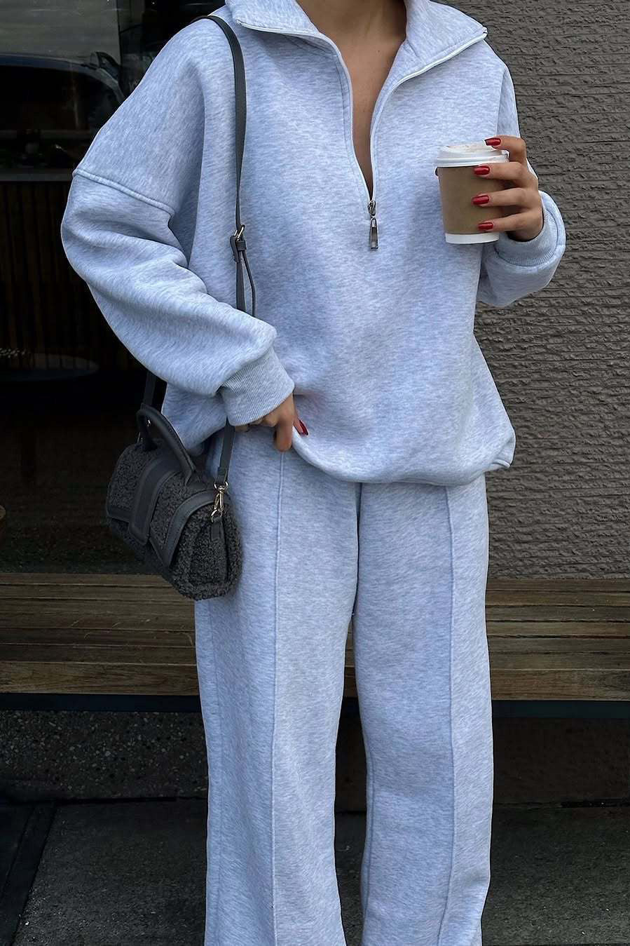 Drune | Vibes Halb Offenes Pullover Sweatshirt und Hose Zwei Teiliges Satz