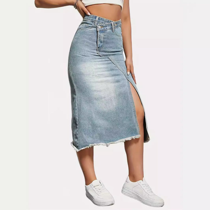 Damen nan asymmetrischer Highwaist-Denim-Midirock mit vorderlichem Schlitz und ausgefranstem Saum Drune