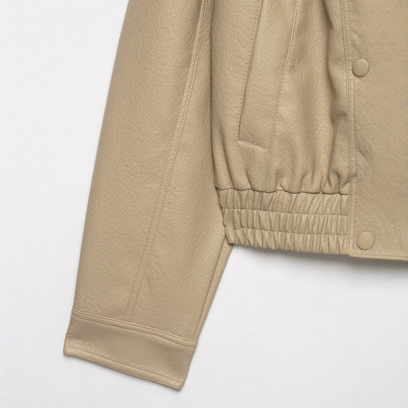 Damen Cropped Lederimitat-Blouson mit doppelreihiger Knopfleiste, weitem Revers und elastischem Saum Drune