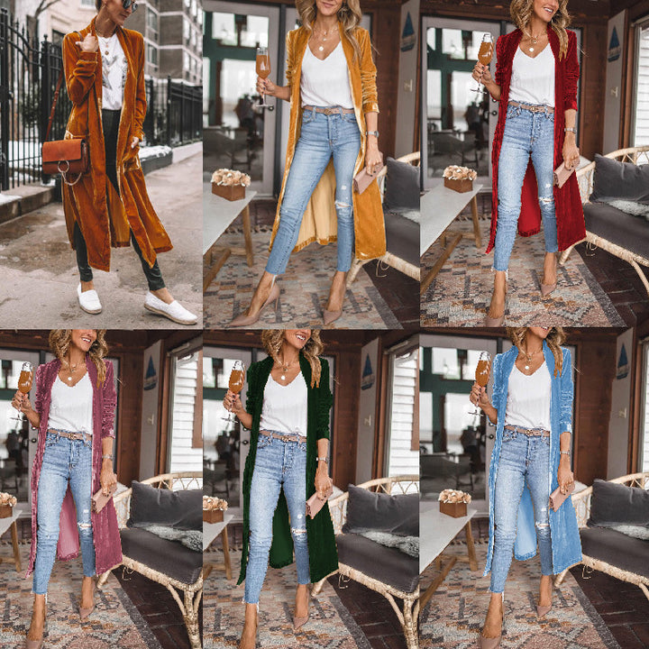 Damen Schicke lange Veloursjacke mit offenem Schnitt Drune