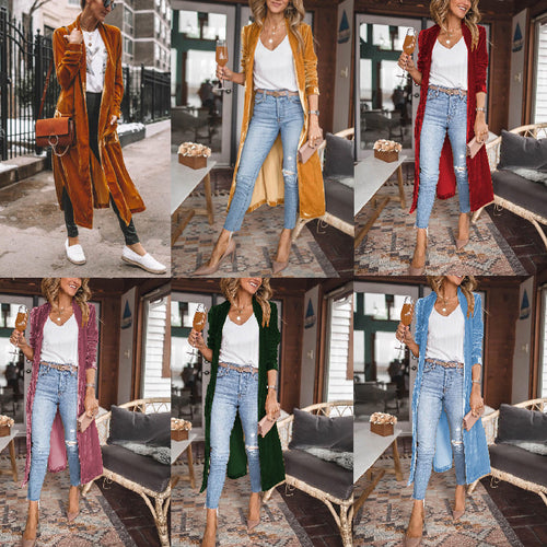Damen Schicke lange Veloursjacke mit offenem Schnitt Drune