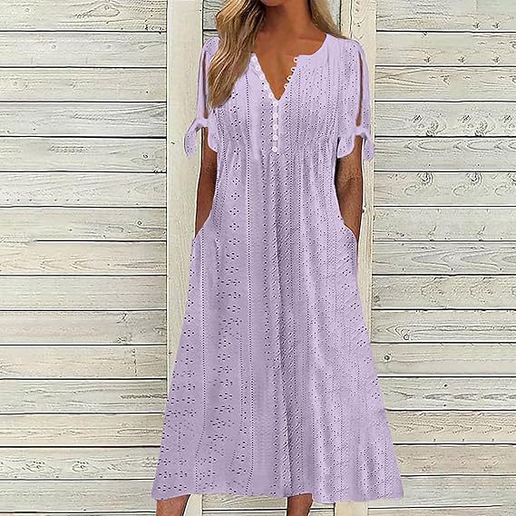 Damen Midikleid mit luftiger Stickdetails und praktischen Seitentaschen Drune