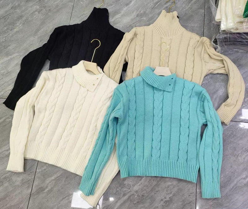Damen Grobstrick Pullover mit hohem Kragen und Knopfdetails Drune