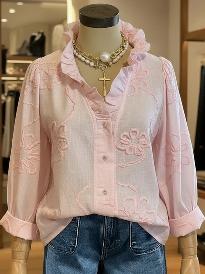 Damen elegante Bluse mit floralen Stickereien und voluminösen Ärmeln Drune