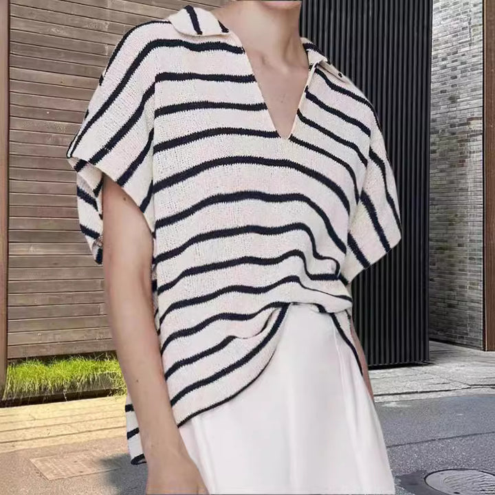 Damen Strickoberteil mit elegantem Kragen und modischem Streifenmuster Drune