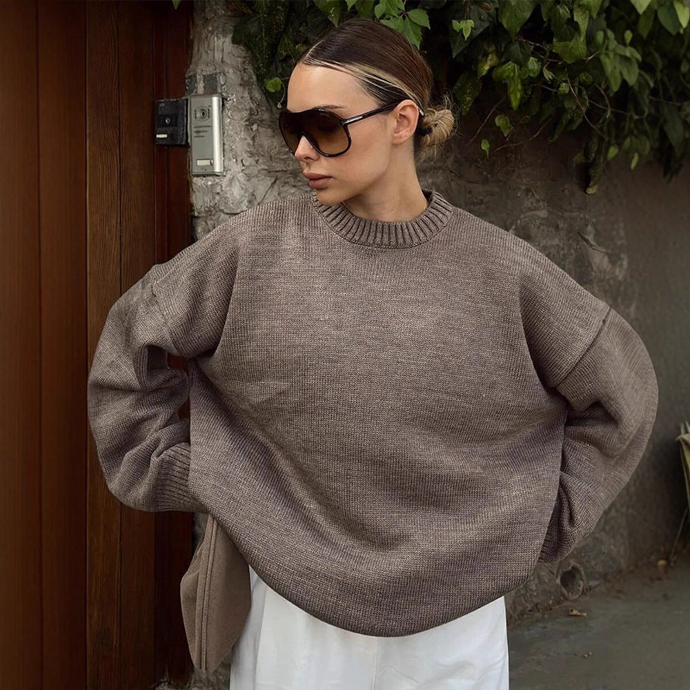 Damen Oversize-Feinstrickpullover mit Rundhalsausschnitt & verlängerten Manschetten Drune