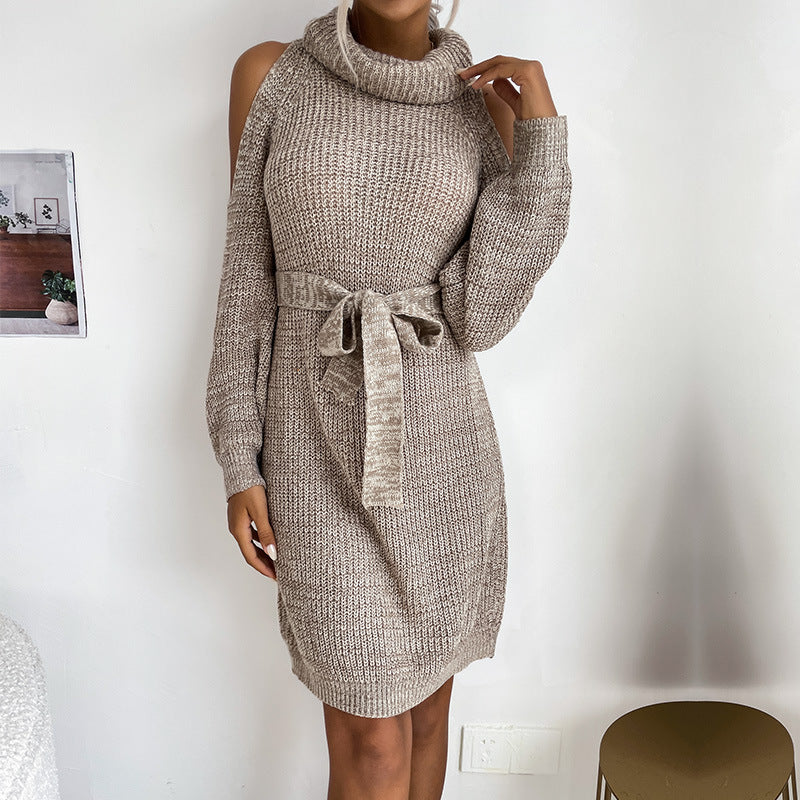 Damen Schulterfreies Rollkragen-Strickkleid mit Taillengürtel Drune