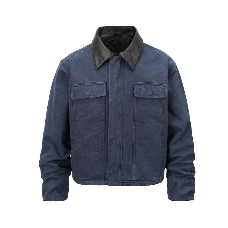 Herren Canvas-Fieldjacke im Overshirt-Look mit Lederkragen und aufgesetzten Pattentaschen Drune