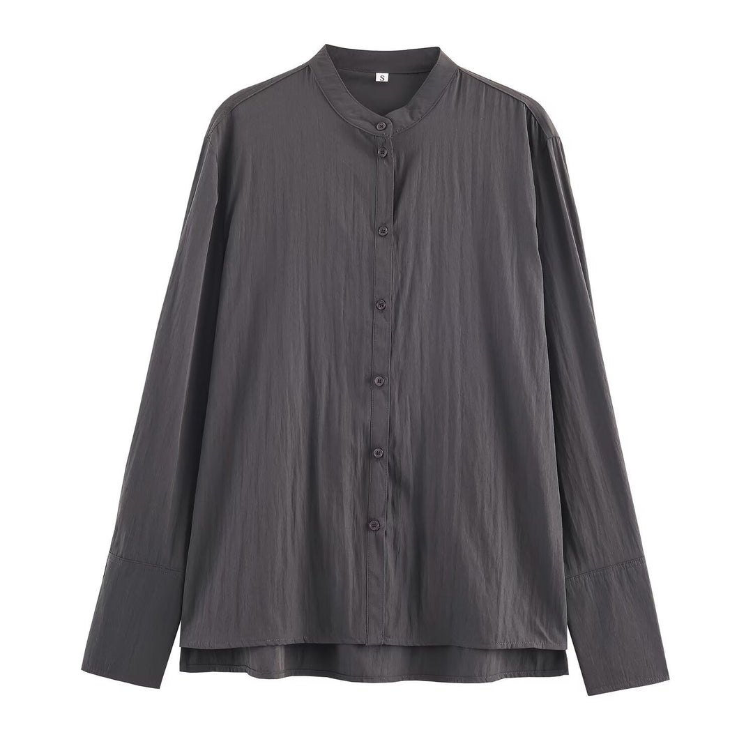 Damen Oversize Hemdbluse mit Mandarinkragen und durchgehender Knopfleiste Drune