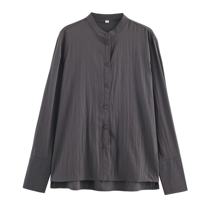 Damen Oversize Hemdbluse mit Mandarinkragen und durchgehender Knopfleiste Drune