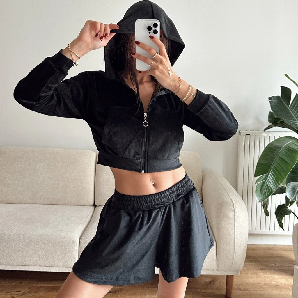 Damen lässiges Fleece-Set mit cropped Hoodie und bequemen Shorts