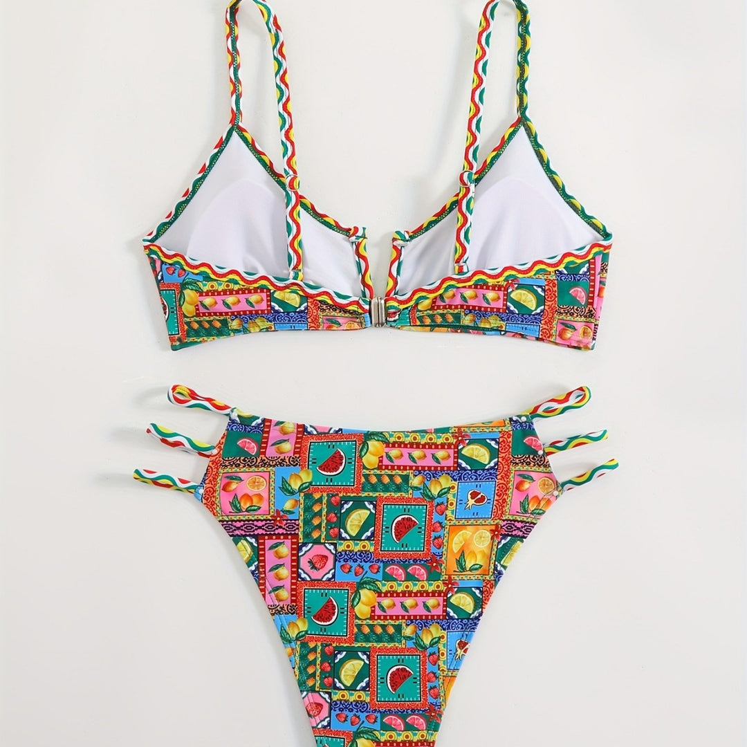 Damen Bikini-Set mit buntem Fruchtmuster und raffinierten Trägerdetails Drune