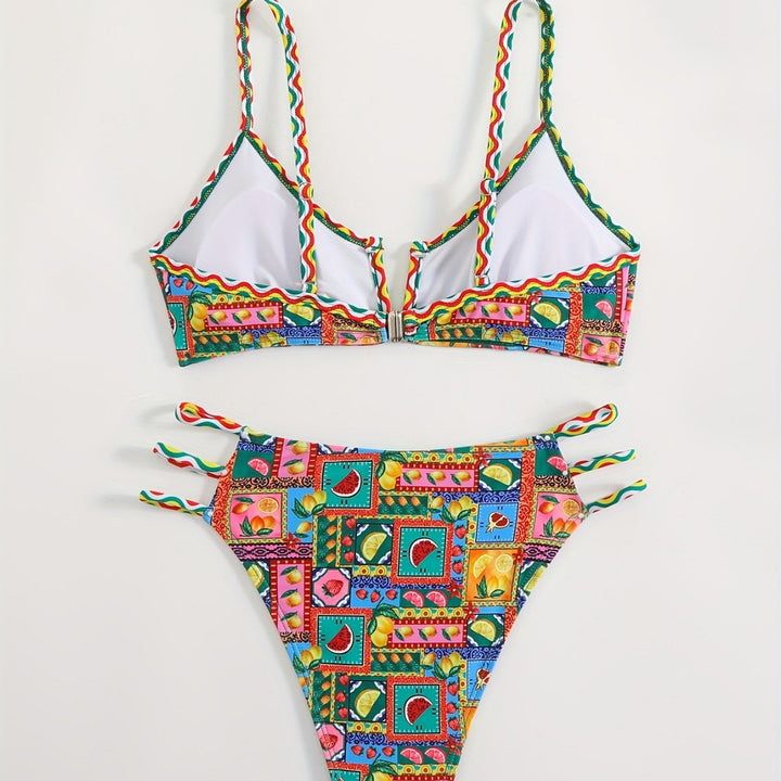 Damen Bikini-Set mit buntem Fruchtmuster und raffinierten Trägerdetails Drune