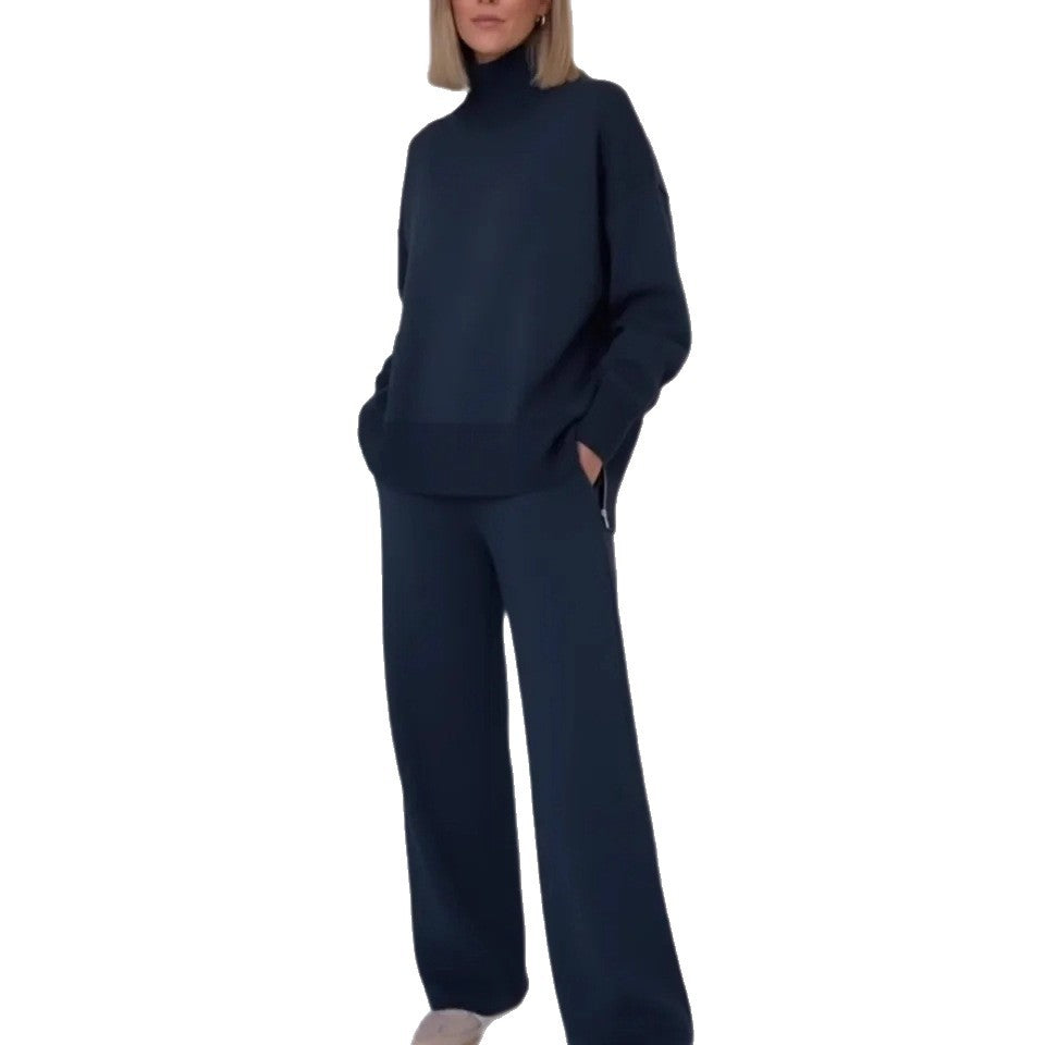 Damen Bequemes Strick-Loungewear-Set mit hochgeschlossenem Pullover und weit geschnittenen Hosen Drune
