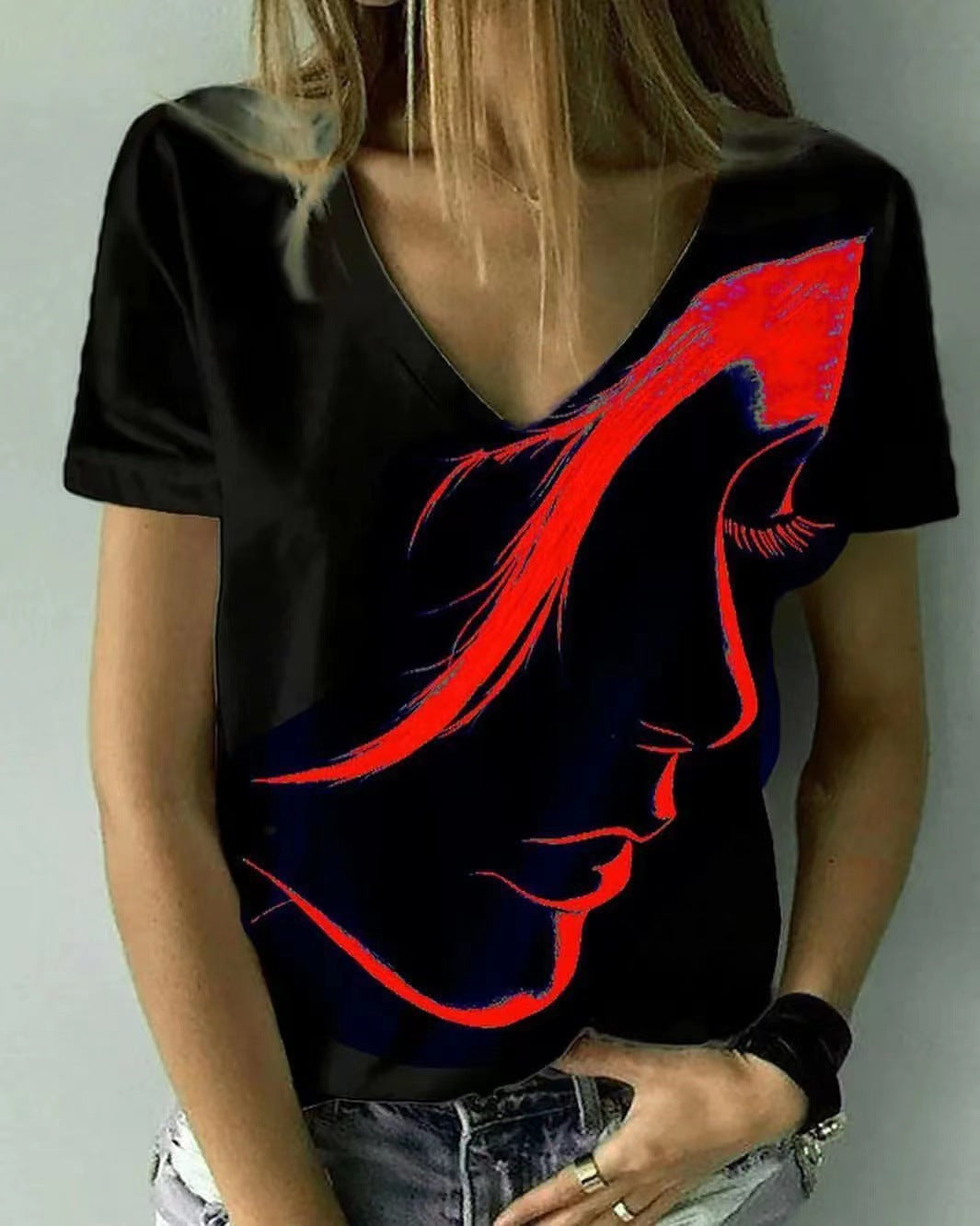 Damen V-Ausschnitt T-Shirt mit kreativem Grafikdruck Drune