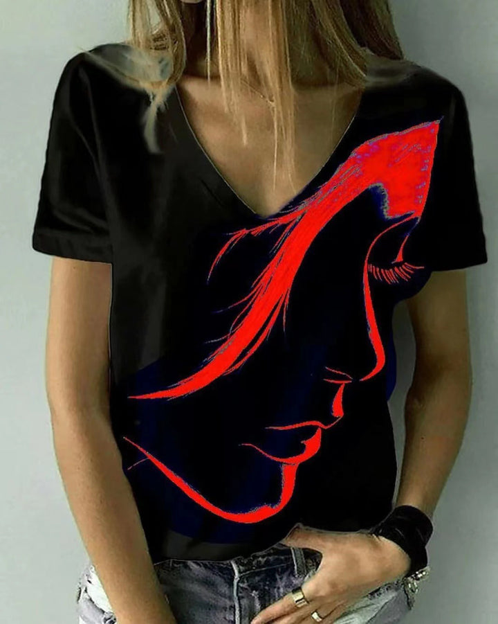 Damen V-Ausschnitt T-Shirt mit kreativem Grafikdruck Drune