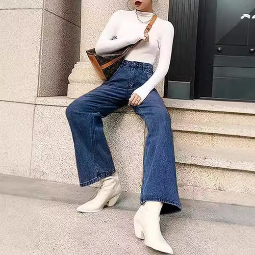Damen nan hochgeschnittene weite Denim-Hose mit geradem Schlag und klassischem Five-Pocket-Design Drune