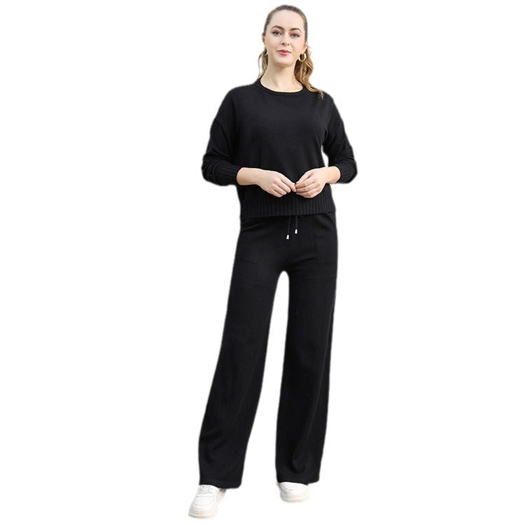 Damen gemütliches Strick-Loungewear-Set mit weitem Schnitt und praktischen Taschen Drune