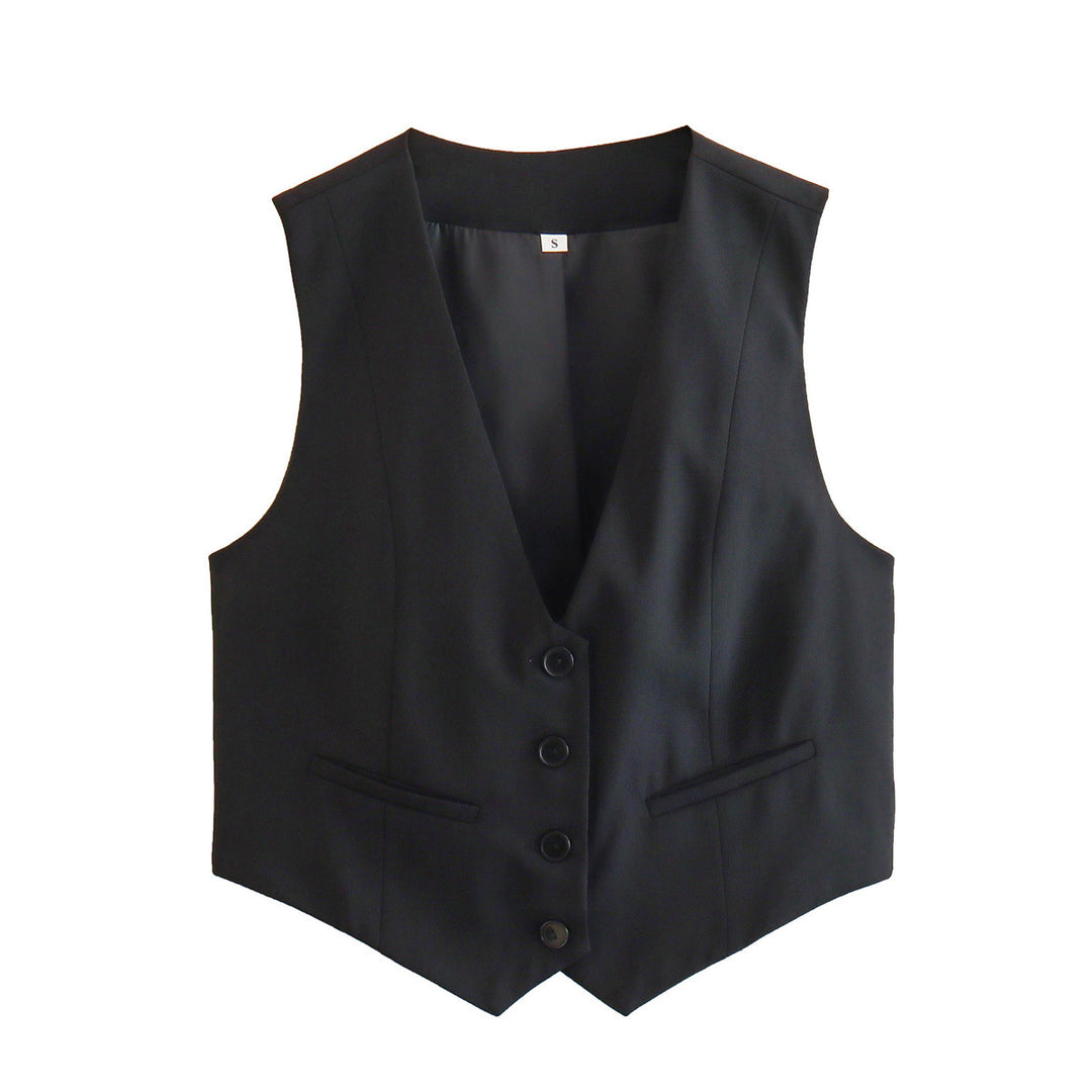 Damen nan elegante taillierte Business-Weste mit spitzem Saum, V-Ausschnitt und Leistentaschen Drune
