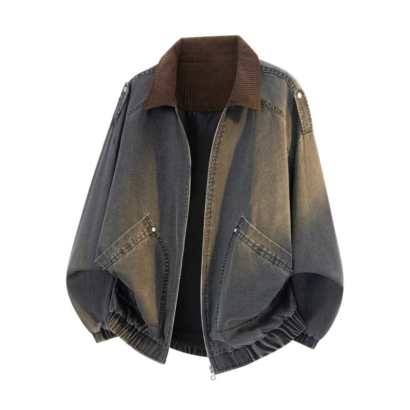 Herren Oversized Jeans-Bomberjacke mit geripptem Stehkragen, aufgesetzten Taschen und elastischem Saum Drune