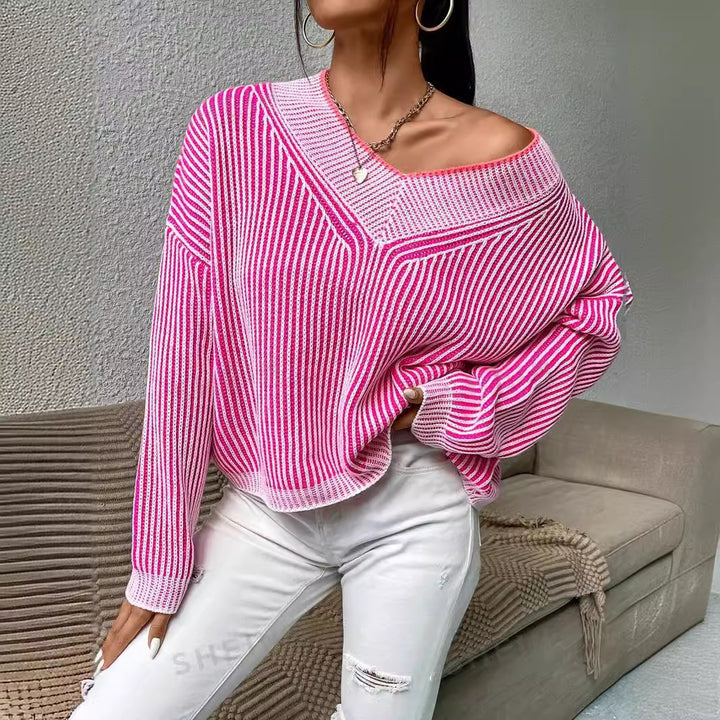 Damen Oversize-Strickpullover mit V-Ausschnitt und grafischem Streifenmuster Drune