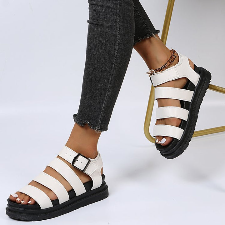 Damen Plateausandalen mit vier Riemen und verstellbarer Metallschnalle Drune
