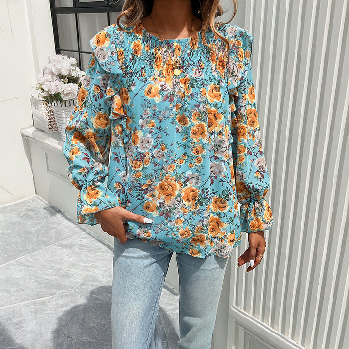 Damen nan geblümte Chiffonbluse mit geraffter Passe, Volantärmeln und lockerem Fall Drune