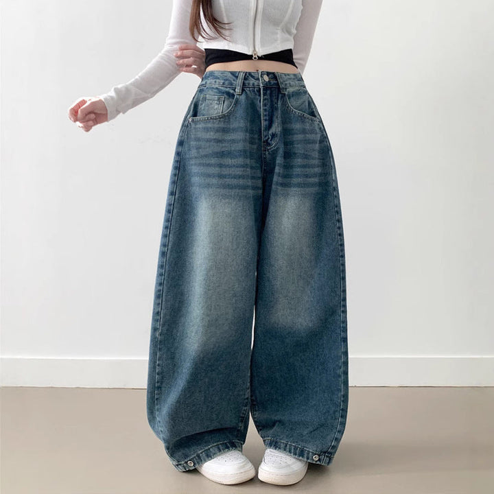 Damen Weite High-Waist Denim-Hose mit Faltenwurf Drune
