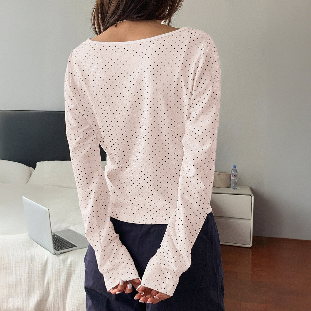 Damen nan geripptes Crop-Longsleeve mit feinem Pünktchenmuster und U-Ausschnitt Drune