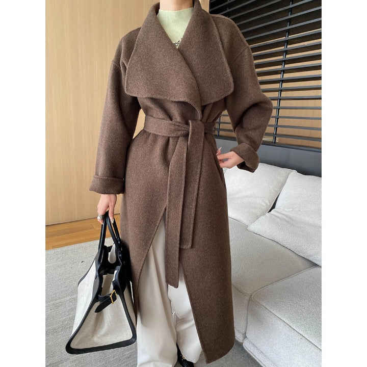 Damen eleganter Wickelmantel aus weichem Wollmix mit Gürtel Drune