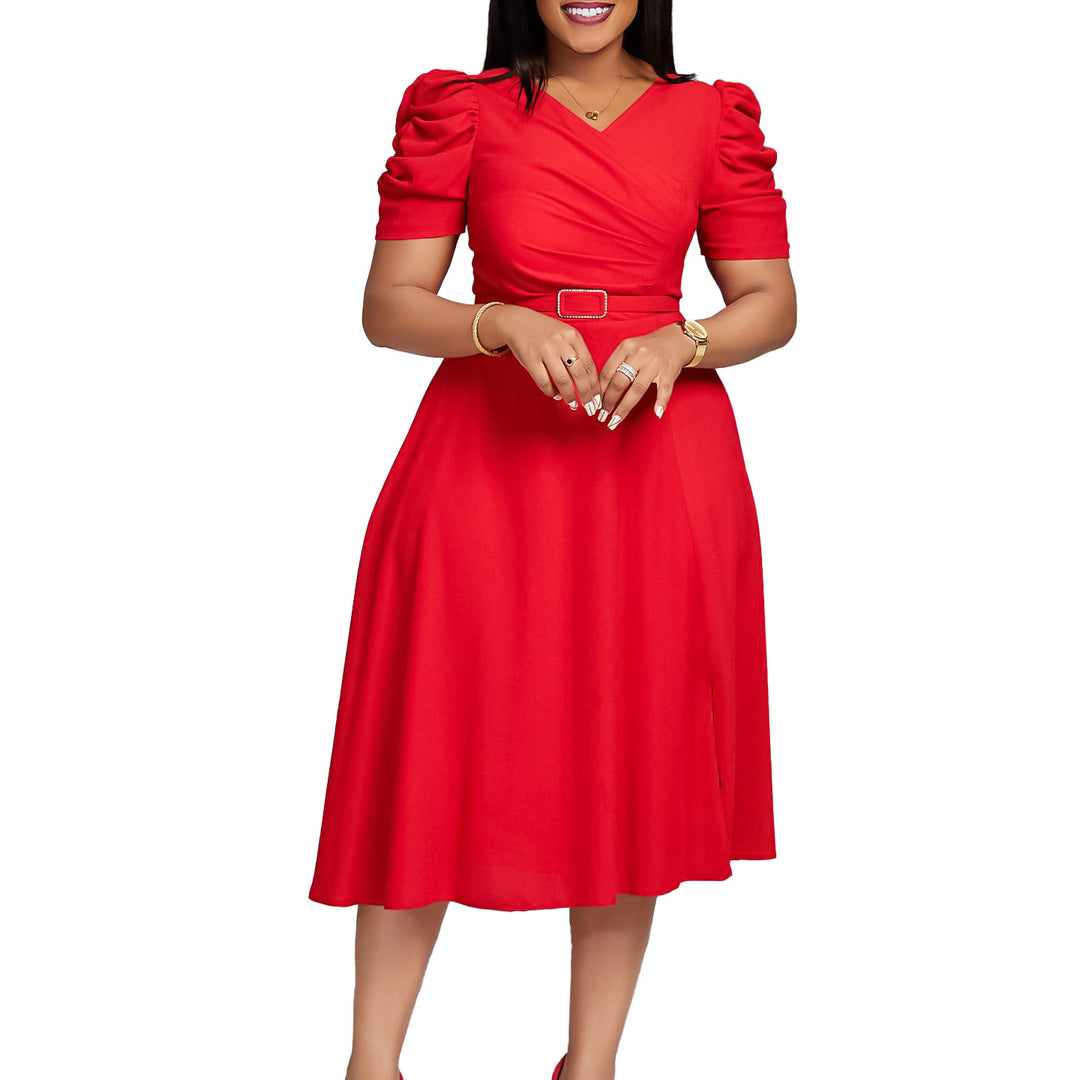 Damen Midi-Kleid mit eleganten Puffärmeln und tailliertem Gürtel Drune