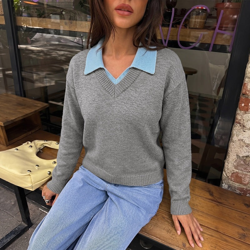 Damen Eleganter V-Ausschnitt Pullover mit Hemdkragen Drune