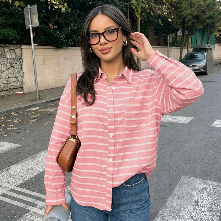 Damen Lässige Leinenoptik-Hemdbluse mit Streifen, Oversize-Schnitt und Brusttasche Drune