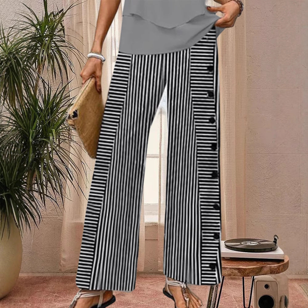 Damen nan weite Palazzo-Hose mit vertikaler Nadelstreifen-Optik und seitlicher Knopfleiste Drune