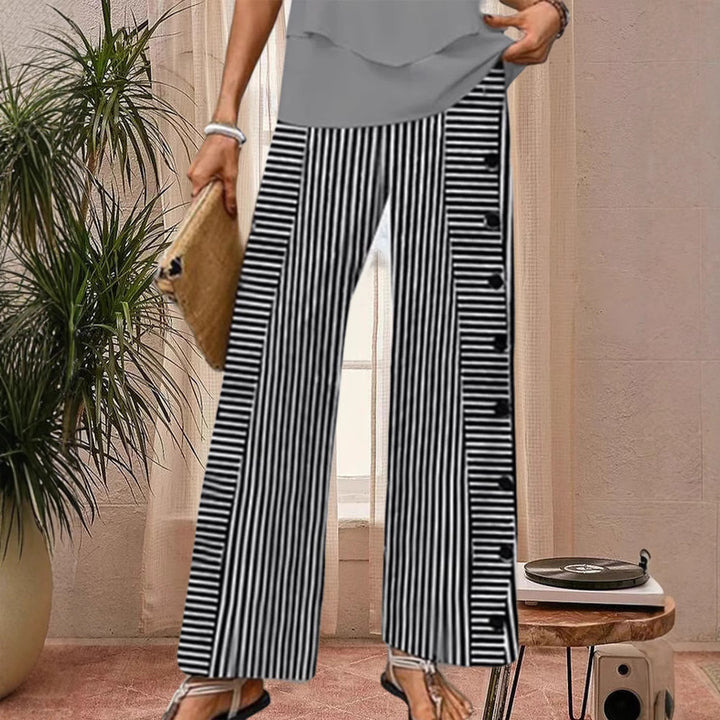 Damen nan weite Palazzo-Hose mit vertikaler Nadelstreifen-Optik und seitlicher Knopfleiste Drune