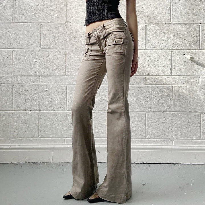 Damen High‑Waist Cargo‑Flaréhose mit weitem Schlag und aufgesetzten Taschen Drune