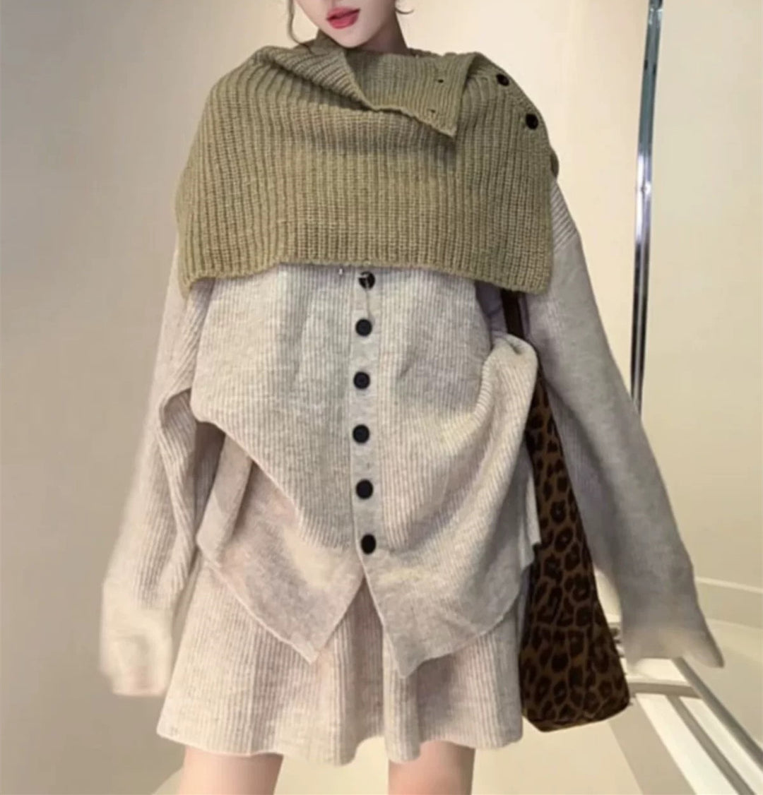 Damen Strickensemble mit kragenlosem Design und asymmetrischer Knopfdetail Drune