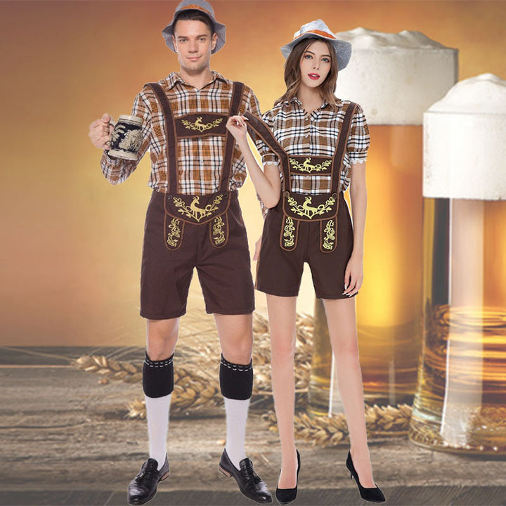 Damen nan kurze Trachten-Latzhose mit bestickten Trägern und kariertem Blusen-Set Drune
