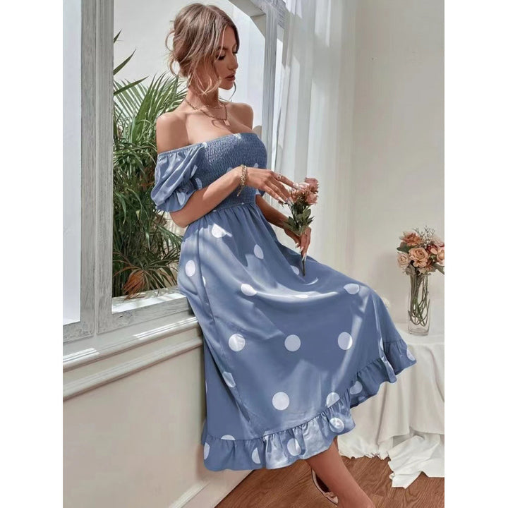 Damen Off-Shoulder Midi-Kleid mit Rüschensaum und Punkte-Design Drune