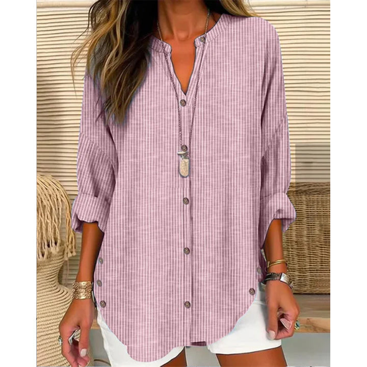 Damen Oversize Leinenlook Tunika Bluse mit Stehkragen und Knopfleiste Drune