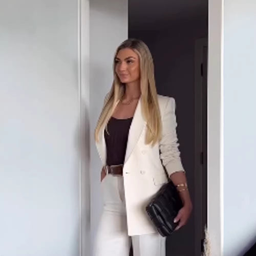 Damen Figurnaher Doppelreihiger Longblazer mit leichtem Schulterpolster und cleanem Revers Drune