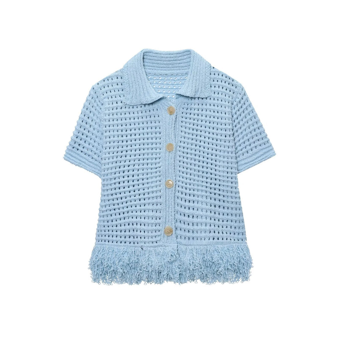 Damen Kurzarm-Strickjacke mit fransigem Saum und dekorativen Knöpfen Drune