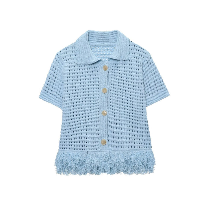 Damen Kurzarm-Strickjacke mit fransigem Saum und dekorativen Knöpfen Drune