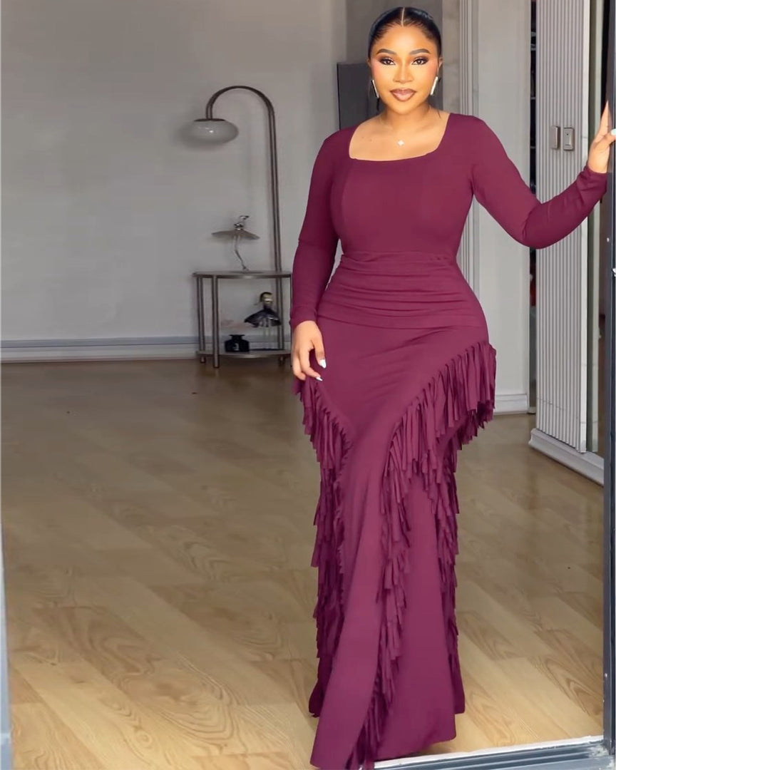 Damen Langarm Maxikleid mit voluminösen Fransen und figurbetontem Schnitt Drune