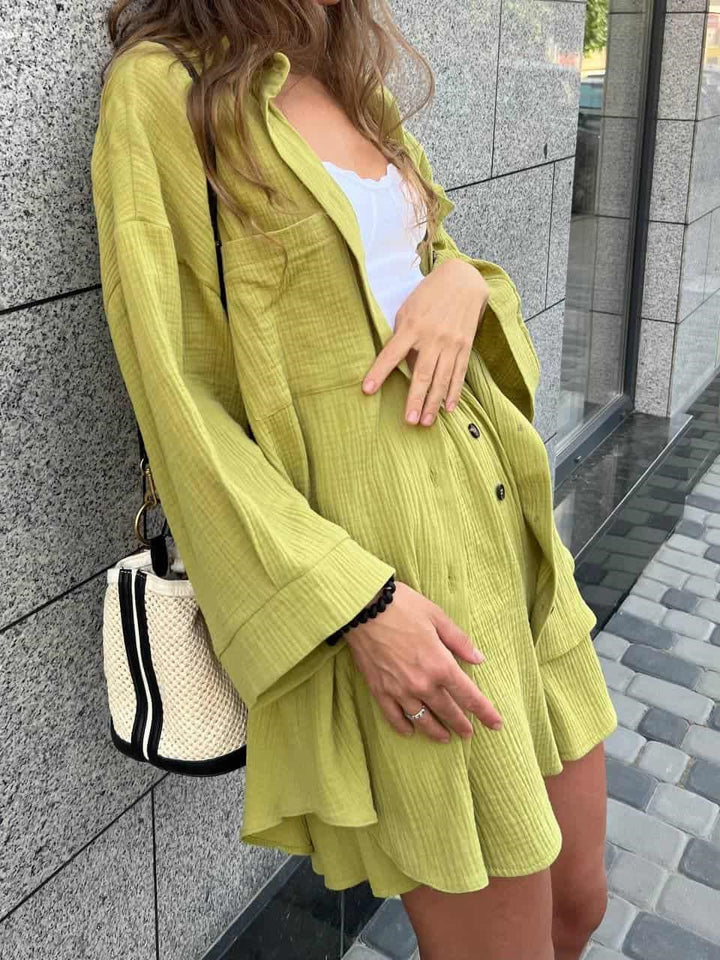 Damen Leichtes Kurzarm-Hemd und Shorts-Set Drune