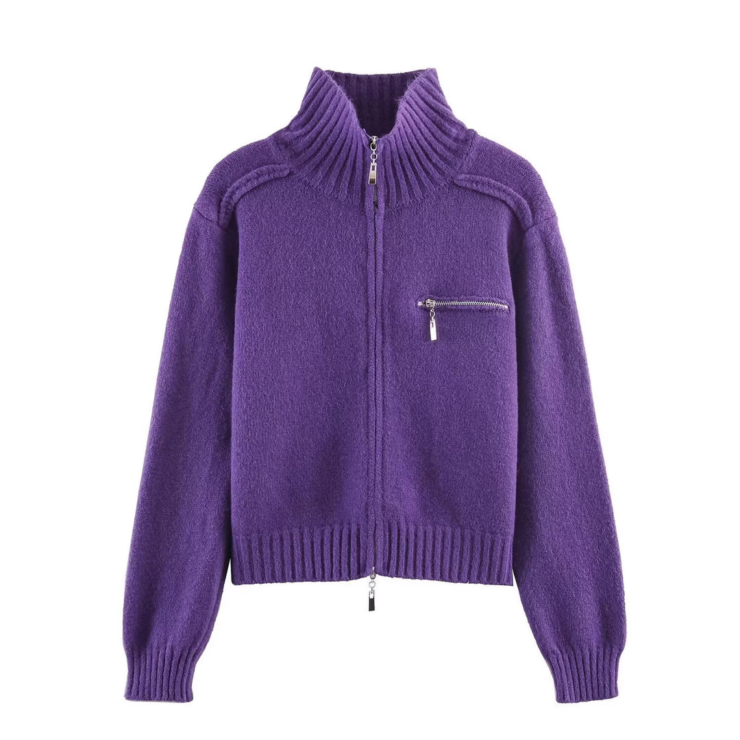 Damen Grobgestrickte Reißverschluss‑Strickjacke mit hohem Rippkragen und Brusttasche Drune